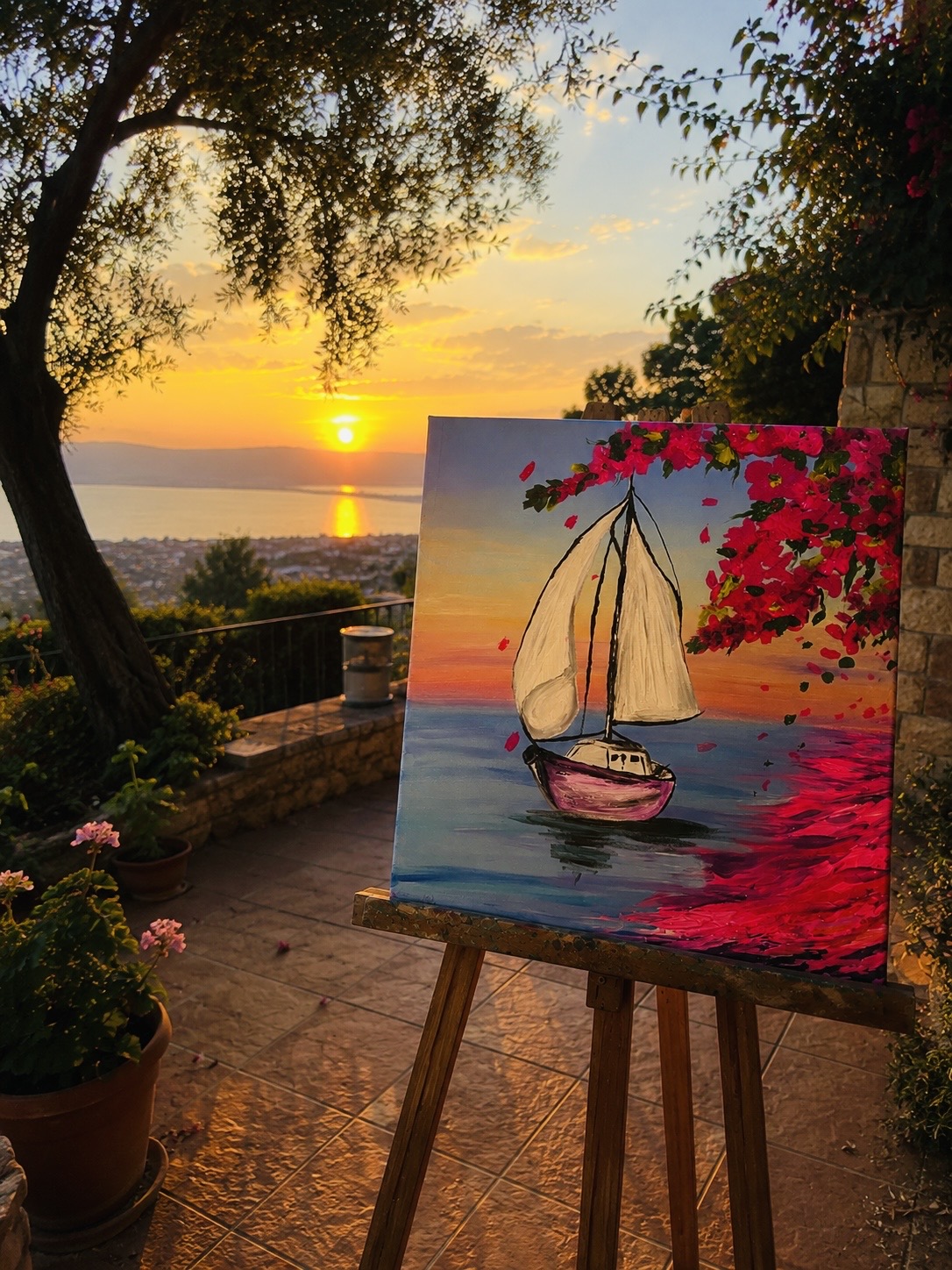 Tableau voilier au coucher du soleil pour atelier adulte