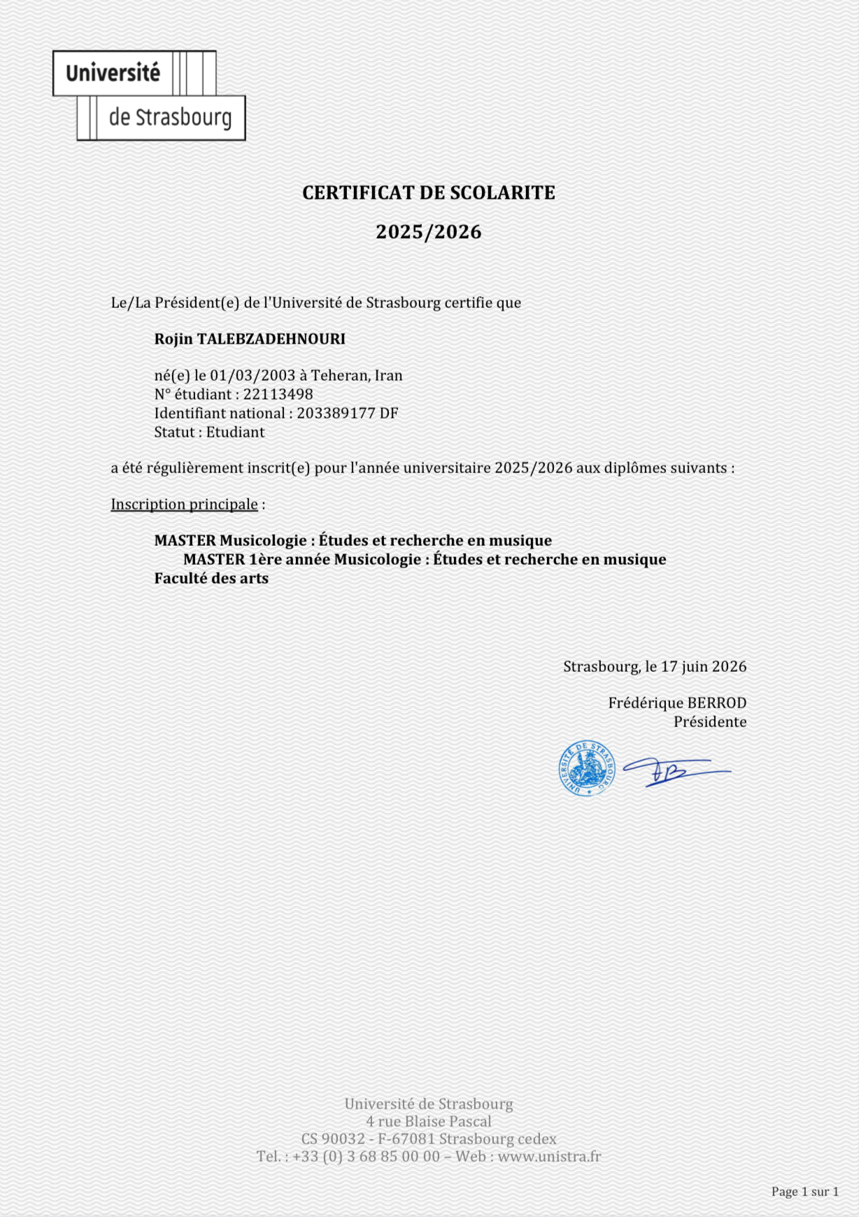 Certificat de scolarité